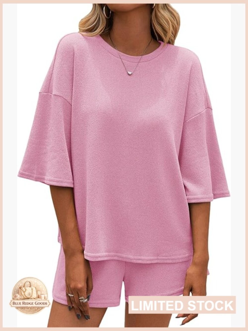 Oversized 2 Piece Knit Short Set Lounge Pajama 3/4 Sleeve Elastic Waist Pockets